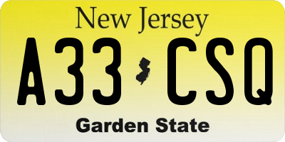 NJ license plate A33CSQ