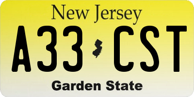 NJ license plate A33CST