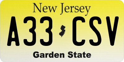 NJ license plate A33CSV
