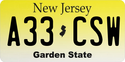 NJ license plate A33CSW