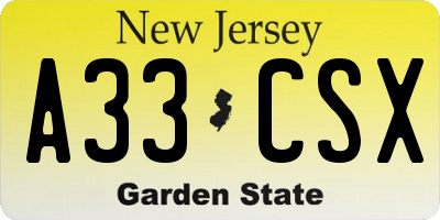 NJ license plate A33CSX