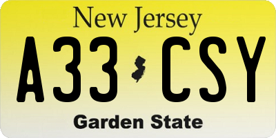 NJ license plate A33CSY