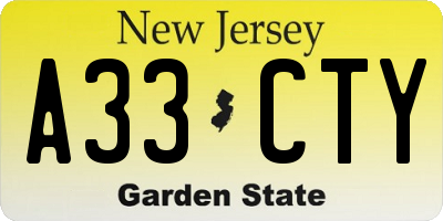NJ license plate A33CTY