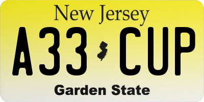 NJ license plate A33CUP