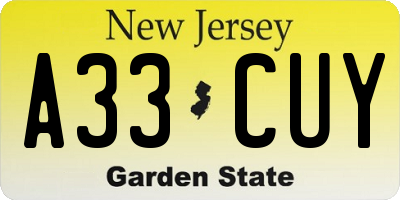 NJ license plate A33CUY