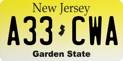 NJ license plate A33CWA