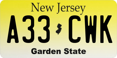 NJ license plate A33CWK