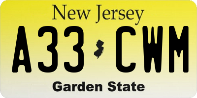 NJ license plate A33CWM