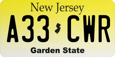 NJ license plate A33CWR