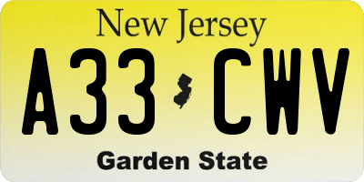 NJ license plate A33CWV