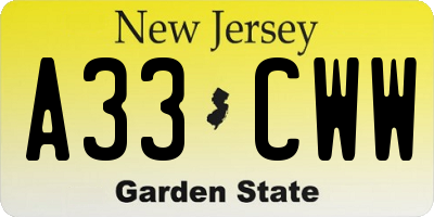 NJ license plate A33CWW