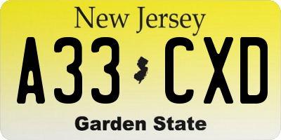 NJ license plate A33CXD
