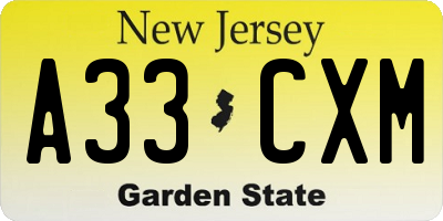 NJ license plate A33CXM