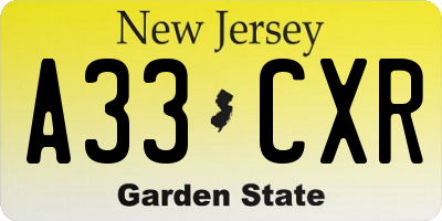 NJ license plate A33CXR