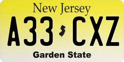 NJ license plate A33CXZ