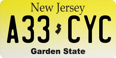 NJ license plate A33CYC