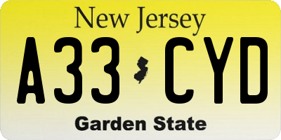 NJ license plate A33CYD