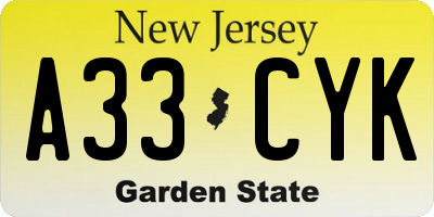 NJ license plate A33CYK
