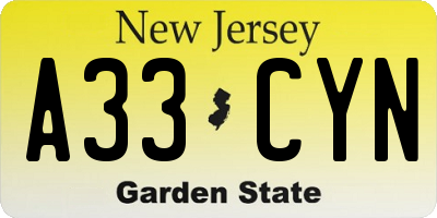 NJ license plate A33CYN