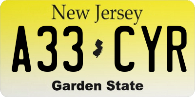 NJ license plate A33CYR