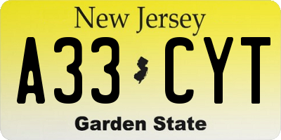 NJ license plate A33CYT