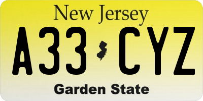 NJ license plate A33CYZ