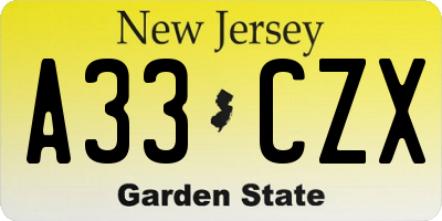NJ license plate A33CZX