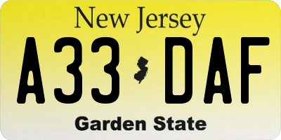 NJ license plate A33DAF