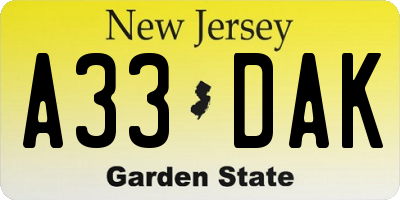 NJ license plate A33DAK