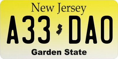 NJ license plate A33DAO