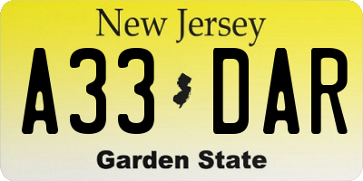 NJ license plate A33DAR
