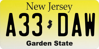 NJ license plate A33DAW