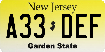 NJ license plate A33DEF