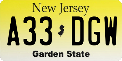 NJ license plate A33DGW
