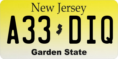 NJ license plate A33DIQ