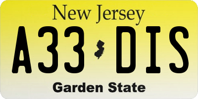 NJ license plate A33DIS