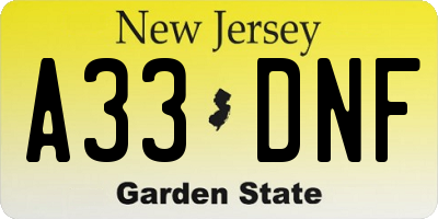 NJ license plate A33DNF