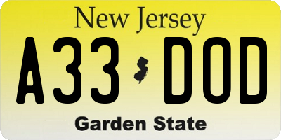 NJ license plate A33DOD