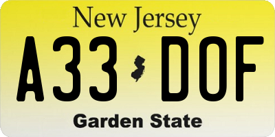 NJ license plate A33DOF