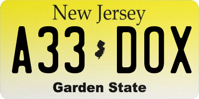 NJ license plate A33DOX