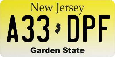 NJ license plate A33DPF
