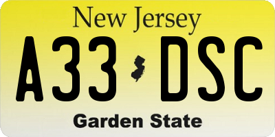 NJ license plate A33DSC
