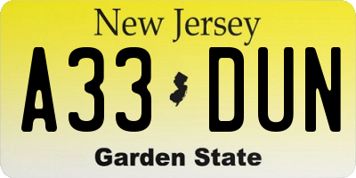 NJ license plate A33DUN