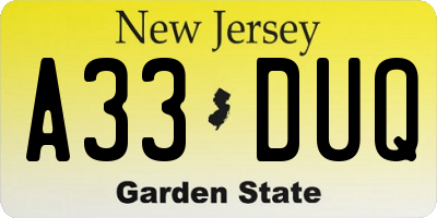 NJ license plate A33DUQ