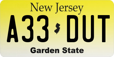 NJ license plate A33DUT