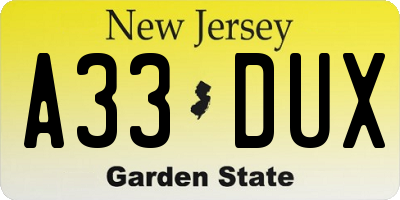 NJ license plate A33DUX