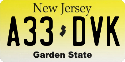 NJ license plate A33DVK