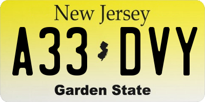 NJ license plate A33DVY