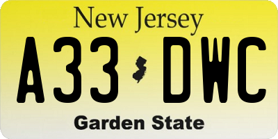NJ license plate A33DWC