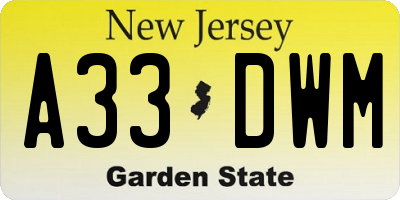 NJ license plate A33DWM